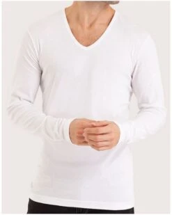 T-shirt Manche Longue Col V Éminence 100 % Coton Premium (Blanc)